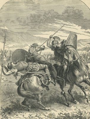 Antique 1879 Art Print Engraving Combat Battle War Warriors Horseback Spear 1